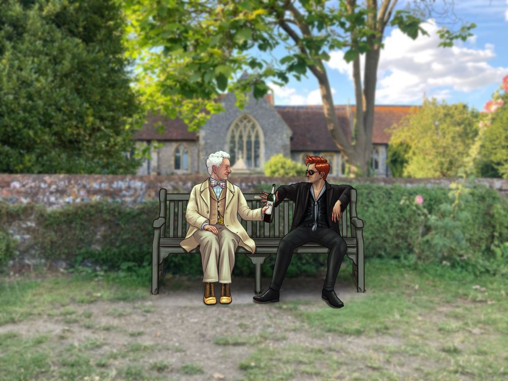 A digital drawing of Crowley and Aziraphale on a park bench, sharing a bottle of wine, photoshopped into a photograph of a church in Hambleden