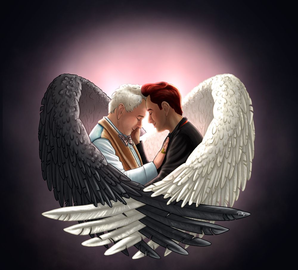 A digital illustration of Aziraphale and Crowley embracing tenderly, foreheads touching and eyes closed in a moment of deep connection. They are surrounded by a pair of large angelic wings (one side white and the other black), that create a heart shape around them, encircling them protectively with their primaries intertwined. A soft pink glow surrounds their heads, set against a dark background. The scene feels warm and intimate.