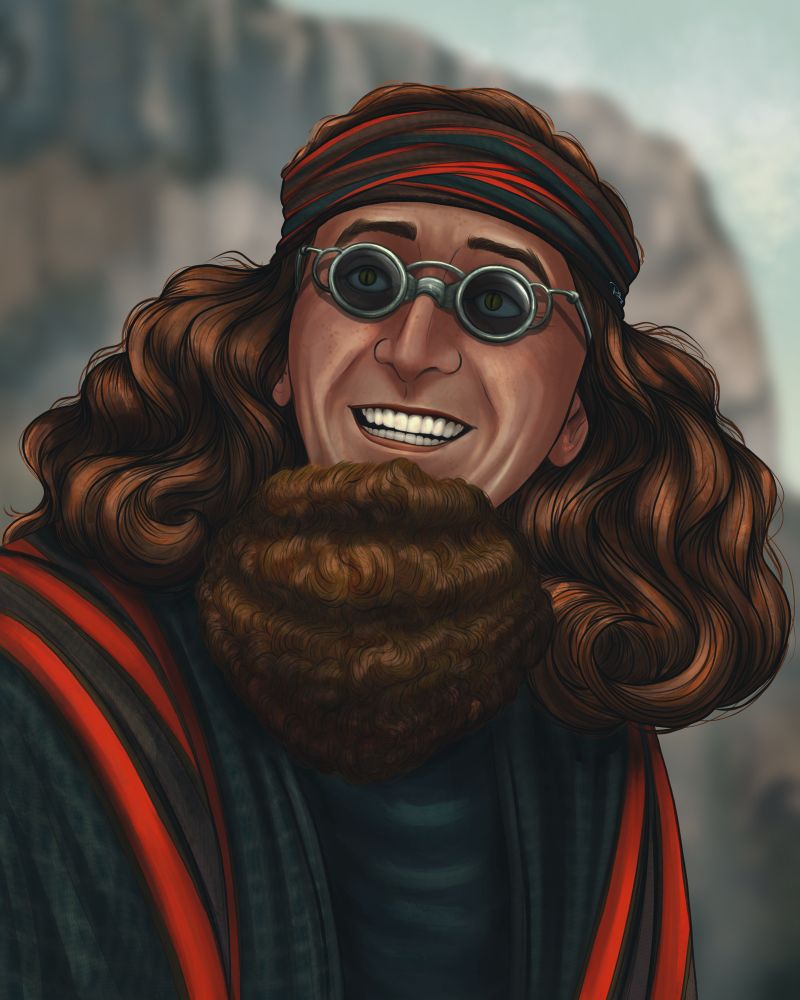 Digital portrait drawing of Crawley as Bildad the Shuite in the final scene of the Good Omens 2 minisode "A companion to owls". He's grinning widely, a reaction to Aziraphale's statement that he's a fallen angel now.
