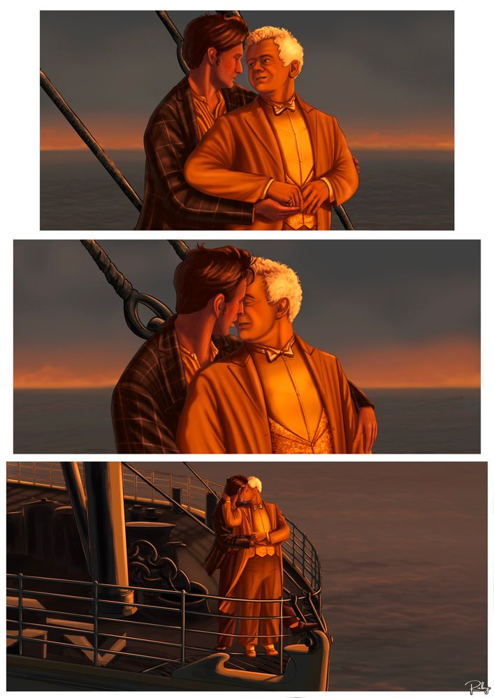 Page 2:

Panel 1: They stand close, Aziraphale’s arms now lowered in front of the body and hands intertwined with Crowley’s. They gaze into each others eyes.

Panel 2: They lean in, faces inches apart.

Panel 3: A wide view from the side of the ship as the two share a tender kiss at the bow, silhouetted against the golden sea and sky.
