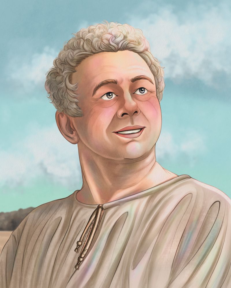 A digital portrait drawing of Aziraphale during the Mesopotamia/Noah's arc scene in Good Omens S1.