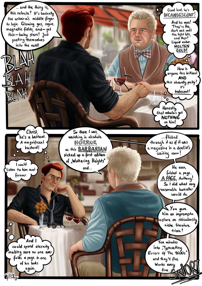 In the second page, now in colour, they are deeply engaged in conversation, sharing a bottle of wine. Anthony passionately rants about a nebula while Aziraphale lovingly admires him, thinking about how beautiful and brilliant Anthony is. Later, Aziraphale animatedly tells Anthony an incident in his bookshop where he scolded someone for mistreating a rare book, while Anthony gazes at him with adoration, thinking he could listen to him forever. The heart eyes are obvious.