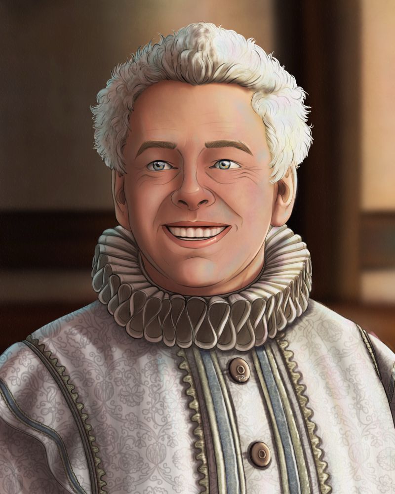 A digital portrait drawing of Aziraphale during the Globe Theatre scene, smiling lovely at whoever stands next to him (which is, of course, always Crowley)