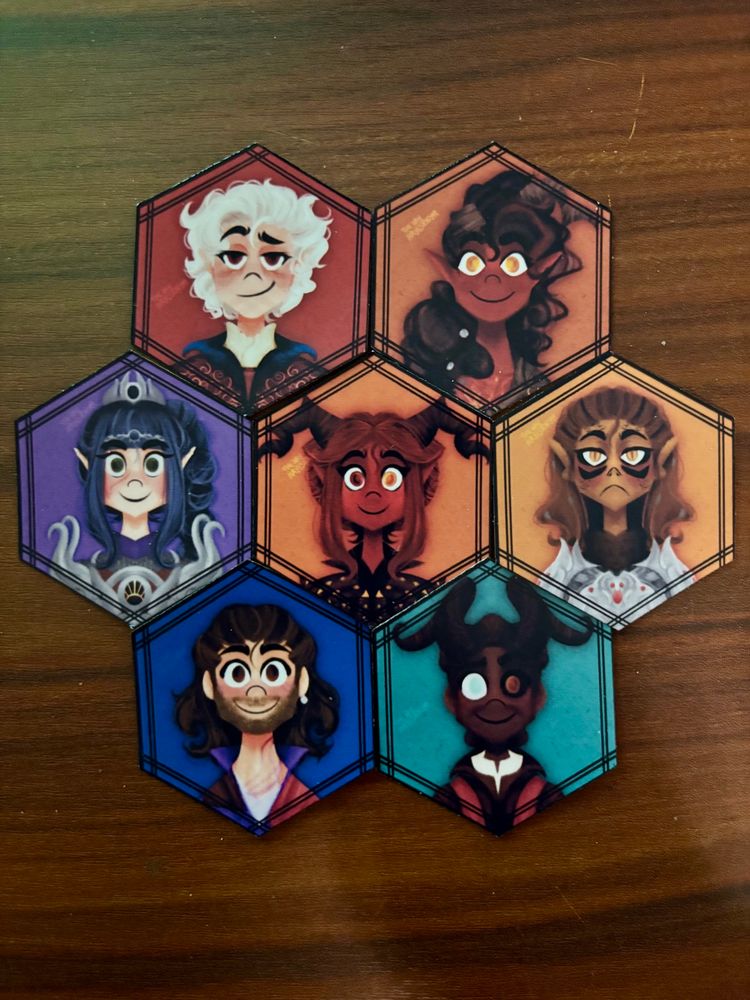 Stickers include: Astarion, Lae’zel, Shadowheart (Shar), Wyll, Karlach, Gale and my Tav, Exagora. 
