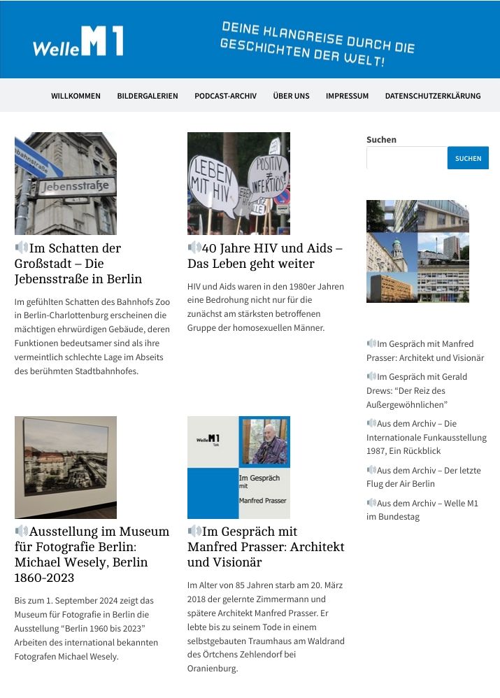 Screenshot von www.wellem1.de
Oben blaues Banner mit Logo und Slogan "Deine Klangreise durch die Geschichten der Welt"
Darunter vier einzelne Beiträge mit Foto und Text. Rechts Bildcollage zu den Beiträgen zur Berliner Nachkriegsmoderne.
