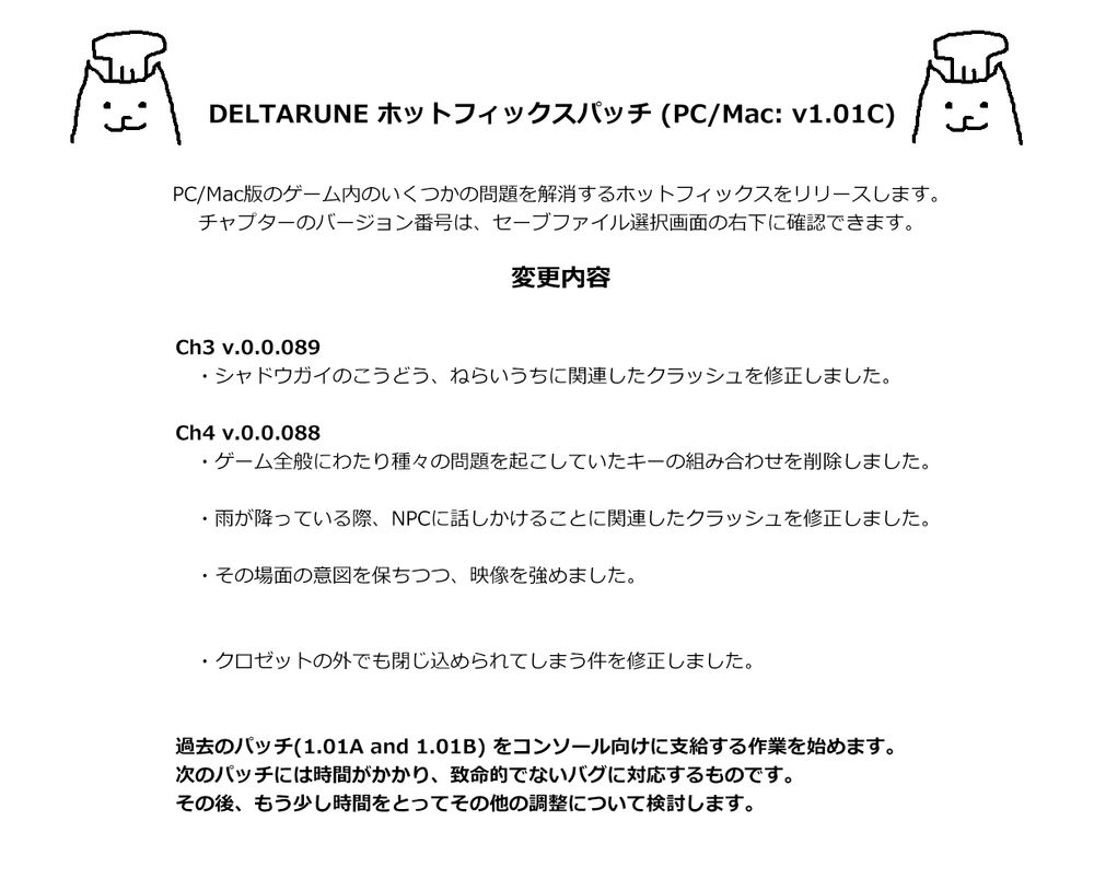 DELTARUNE ホットフィックスパッチ (PC/Mac: v1.01C)

PC/Mac版のゲーム内のいくつかの問題を解消するホットフィックスをリリースします。
チャプターのバージョン番号は、セーブファイル選択画面の右下に確認できます。

変更内容

Ch3 v.0.0.089

・シャドウガイのこうどう、ねらいうちに関連したクラッシュを修正しました。


Ch4 v.0.0.088

・ゲーム全般にわたり種々の問題を起こしていたキーの組み合わせを削除しました。

・雨が降っている際、NPCに話しかけることに関連したクラッシュを修正しました。

・その場面の意図を保ちつつ、映像を強めました。


・クロゼットの外でも閉じ込められてしまう件を修正しました。


過去のパッチ(1.01A and 1.01B) をコンソール向けに支給する作業を始めます。次のパッチには時間がかかり、致命的でないバグに対応するものです。その後、もう少し時間をとってその他の調整について検討します。
