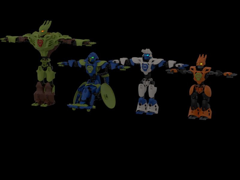 4 Hero Factory characters, a tall, broad, brown and green male hero, a blue and green mermaid in a wheelchair, a blue and white male, and an orange and black female