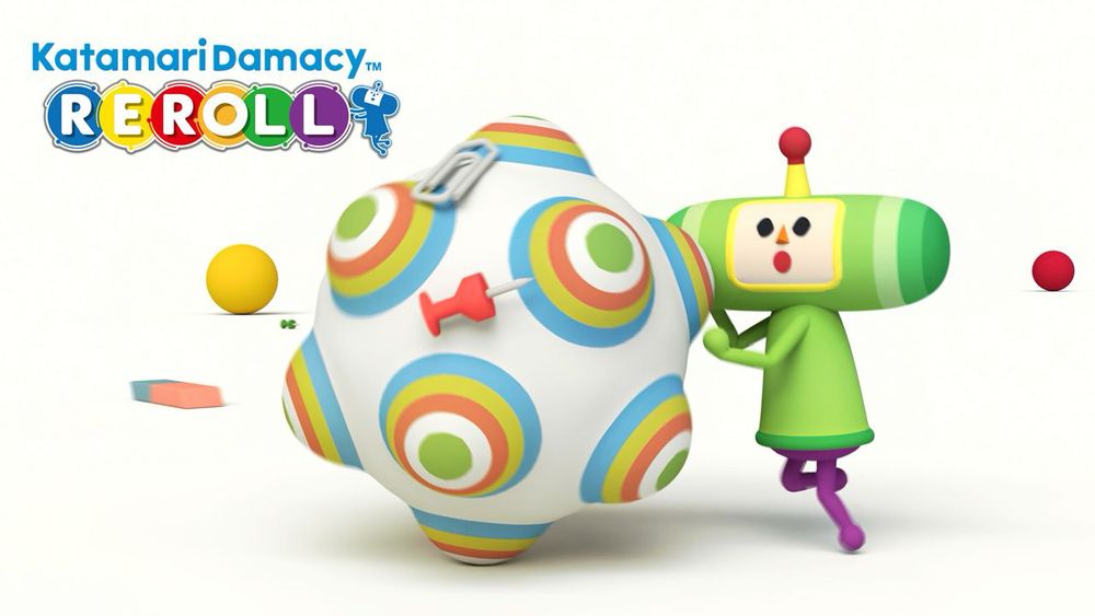 A still photo from katamari damacy re-roll, a Japanese video game where the main character must roll a sticky ball to pick up as many objects from the game world as possible