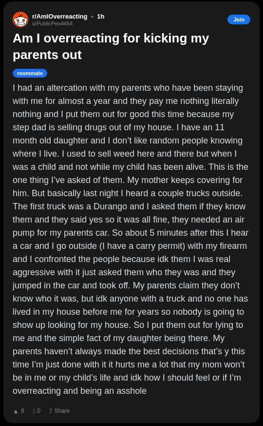 Originally posted by PublicPea4454 on r/AmIOverreacting on December 9th, 2025.