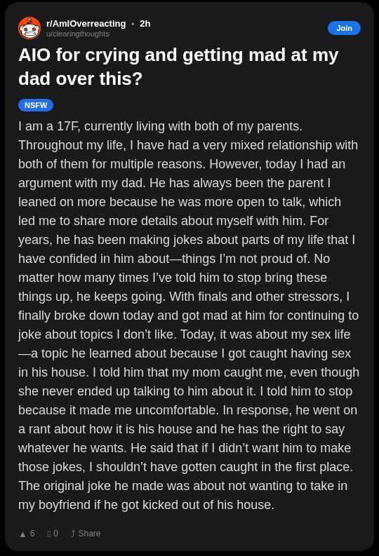 Originally posted by Clearingthoughts on r/AmIOverreacting on December 9th, 2025.