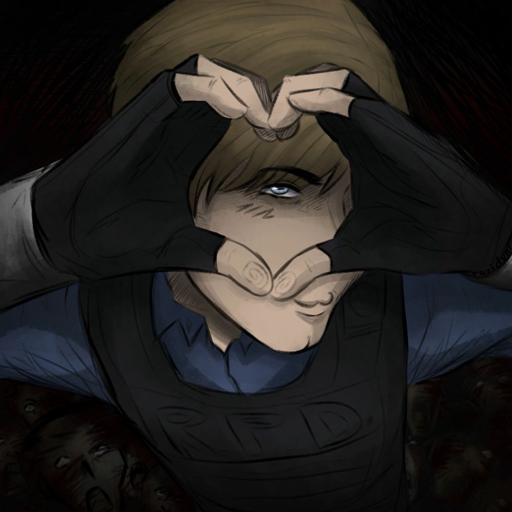 Leon Kennedy from the game Resident Evil 2 (remake) making a heart with his hands