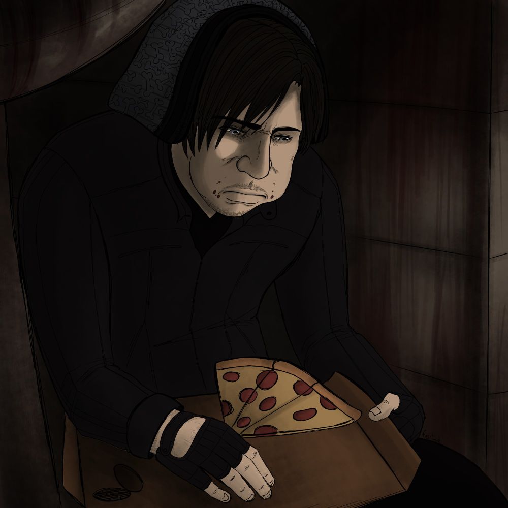 a drawing of Leon Kennedy sitting on the floor of a dirty bathroom with an open pizza box in his lap with 3 slices left and a pair of boxers sitting on his head, he looks miserable.