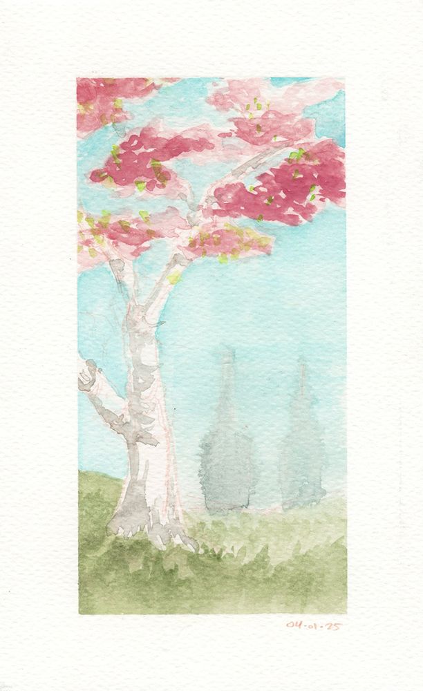 Watercolor painting of a blooming cherry blossom tree. Indications of urban cityscape in the background