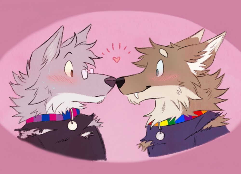 Okie and Jono in werewolf form. Okie is wearing a collar with the bisexual colors and Jono is wearing a collar with the gay colors.