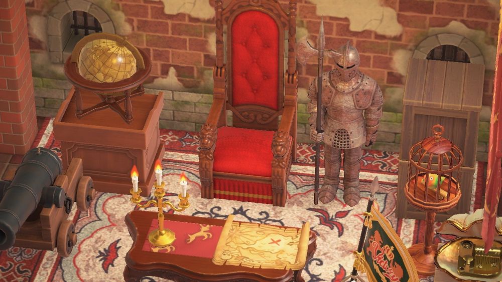 In Animal Crossing: New Horizons, a medieval diplomats office is decorated with brick, a suit of armor, a throne, and a fancy desk.