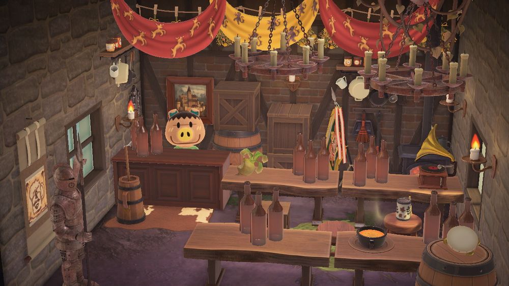 In Animal Crossing: New Horizons, Spork the pig villager is pictured in a medieval tavern decorated with tapestries, boxes, barrels, and lots of food and drink. 