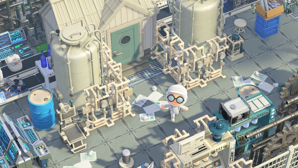 A villager home in a lab-like environment surrounded by machinery and pipes