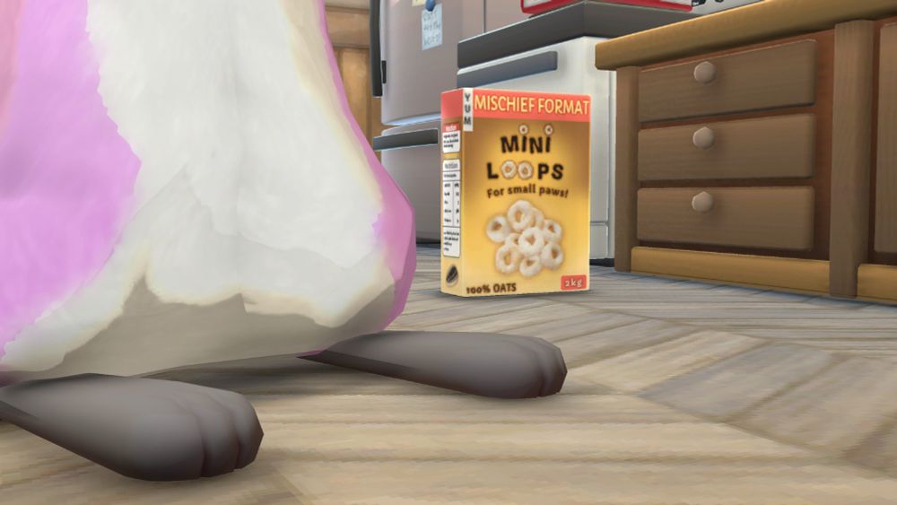 Cereal box

Y
U
M

MISCHIEF FORMAT
MINI LOOPS
For small paws

100% oats 2Kg


Lower side of a Vivie themed mouse in Squeakcross for scale