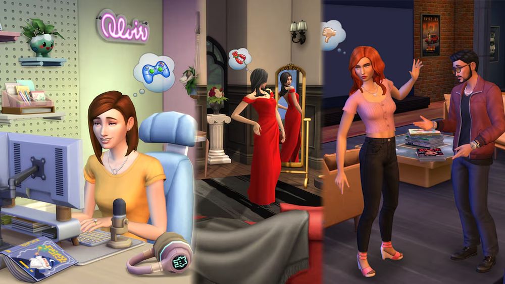 Promotional image from Behind The Sims, showing three different scenes from three different Sims kits. The first features a Sim version of lilsimsie sitting at a desk. The other two show Bella Goth and Don Lothario. 