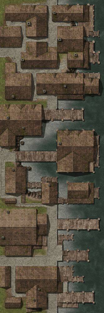 Modular sections of multi-Story building along the water front featuring docks.  Intended for use as RPG encounter maps.