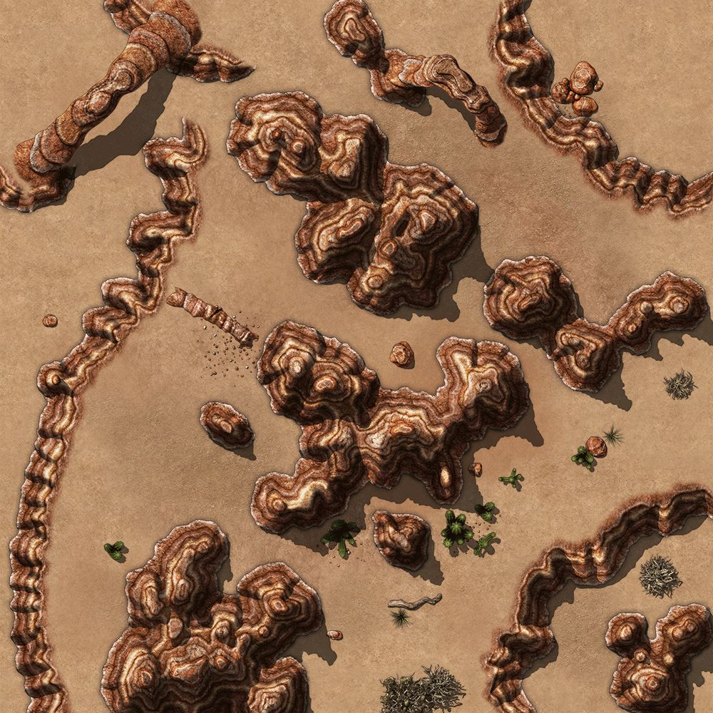 Top view of a painted rock canyon intended for use as and RPG encounter map.