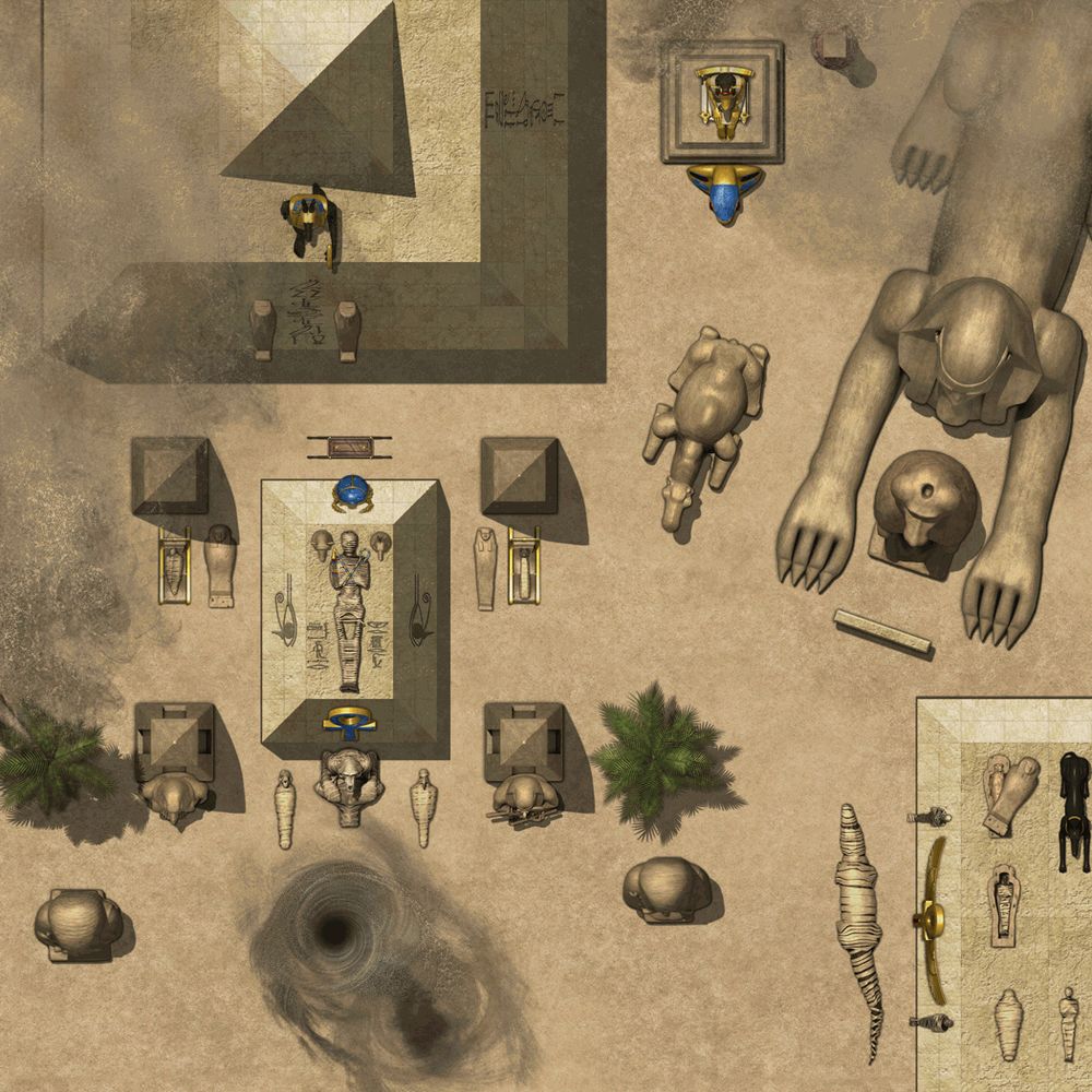 Scene constructed from various Egyptian items varying in scale form small jar up to mid sized pyramids.  Intended for use in RPG encounter maps.
