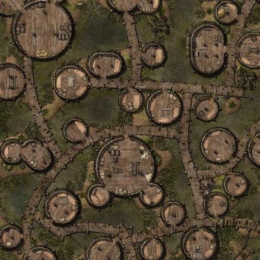 Various size shacks in a swamp connected by wood walkways.  Intended for use as an RPG encounter map.