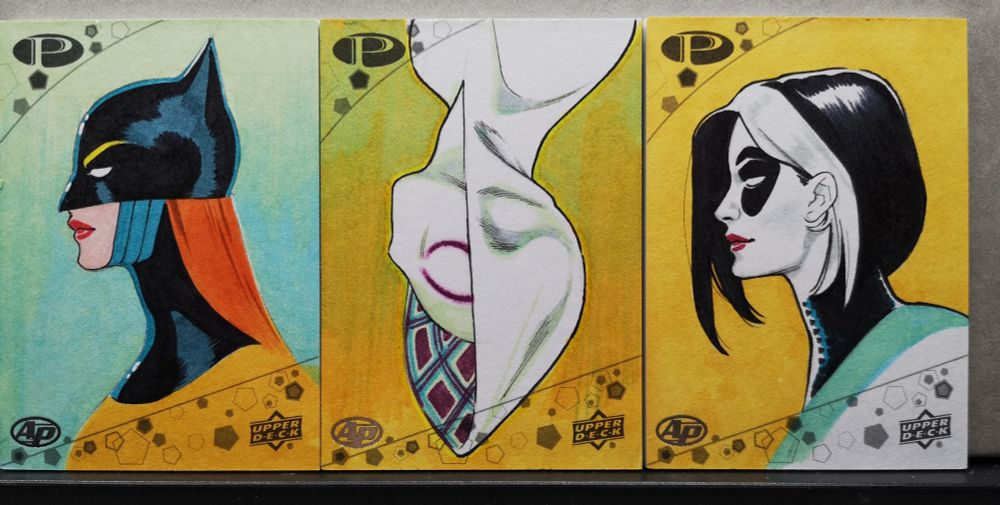 Sketch cards of Marvel characters HellCat, Spider Gwen and Domino
