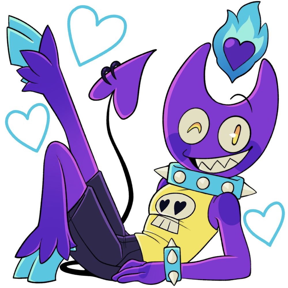 A fullbody drawing of a purple demon-like creature, made to look as if he’s stuck inside a box. He smiles and winks at the viewer.