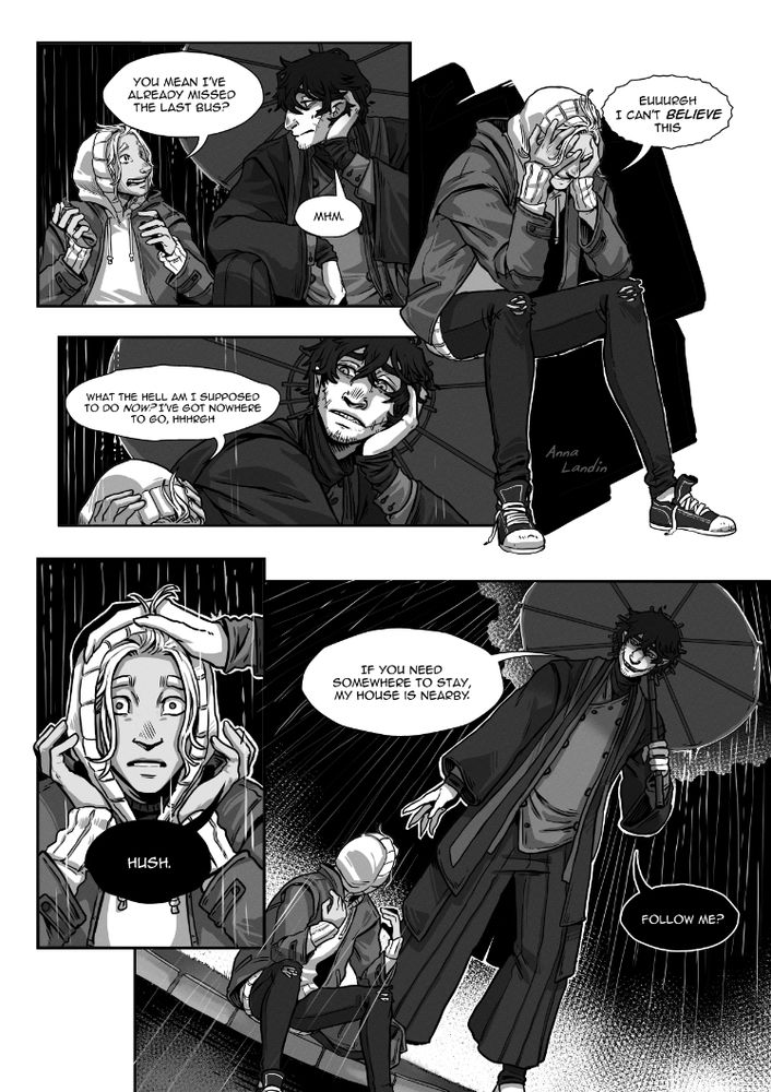 First page of four. Noah despairs at having missed the bus: he has nowhere else to go. The tall stranger pats him on the head to calm him down and offers to let Noah stay in the stranger's house. 
