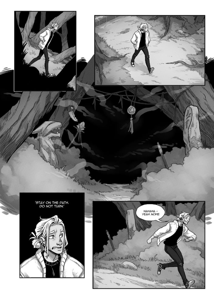 Comic page 3 of 4: In panels 1 and 2, Noah is walking through the woods on a downards slope, and spots a branching path to one side. Panel 3: A closer look at what lies down that path, which is a compact darkness with strange fog drifting out from it, and ropes tied between the trees with what looks like warding symbols and an animal jawbone dangling from them. Panel 4: Noah, looking distinctly uncomfortable, recalls Raith's warning words "Stay on the path, do not turn". Panel 5: A frightened Noah runs down the path, away from the darkness, saying "Hahaha - yeah, nope". 