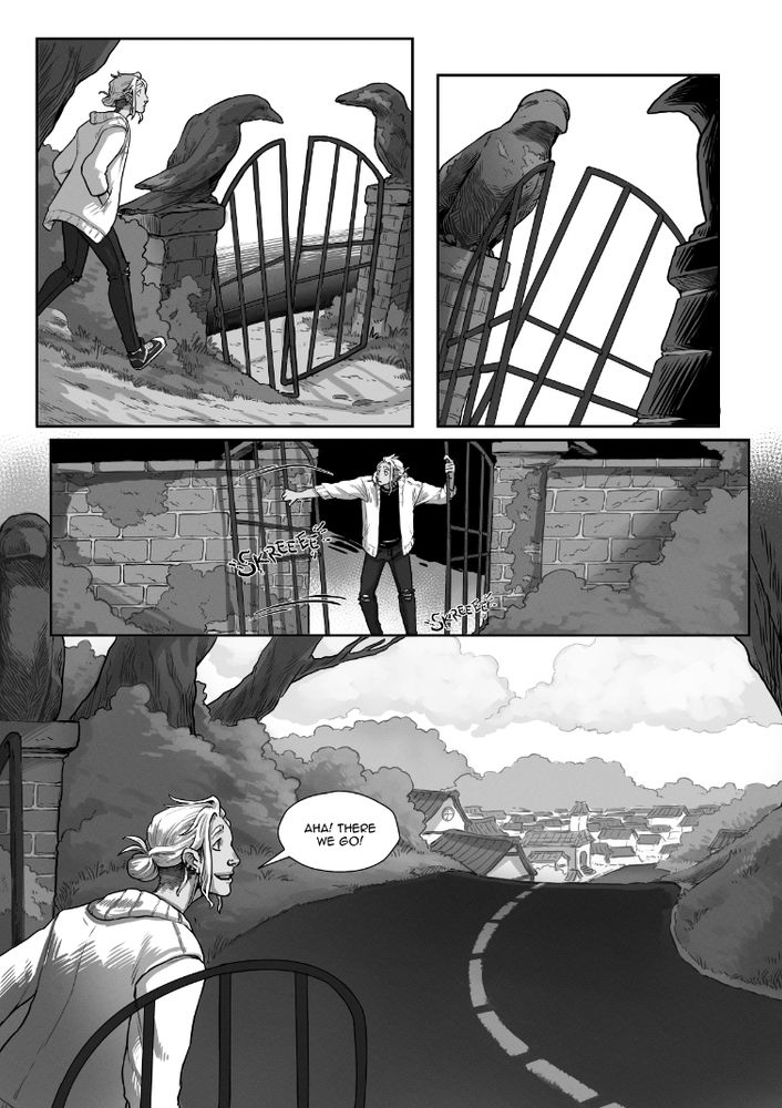 Comic page 4 of 4. Panel 1: Noah emerges at the edge of the woods, at an old iron gate hanging off its hinges. Panel 2: A closer look at the gate, and the mossy raven statues that flank it. Panel 3: Noah pushes the gates open with a screeching sound, and looks around. Panel 4: He spots the town in the distance and is delighted, saying "Aha! There we go!"