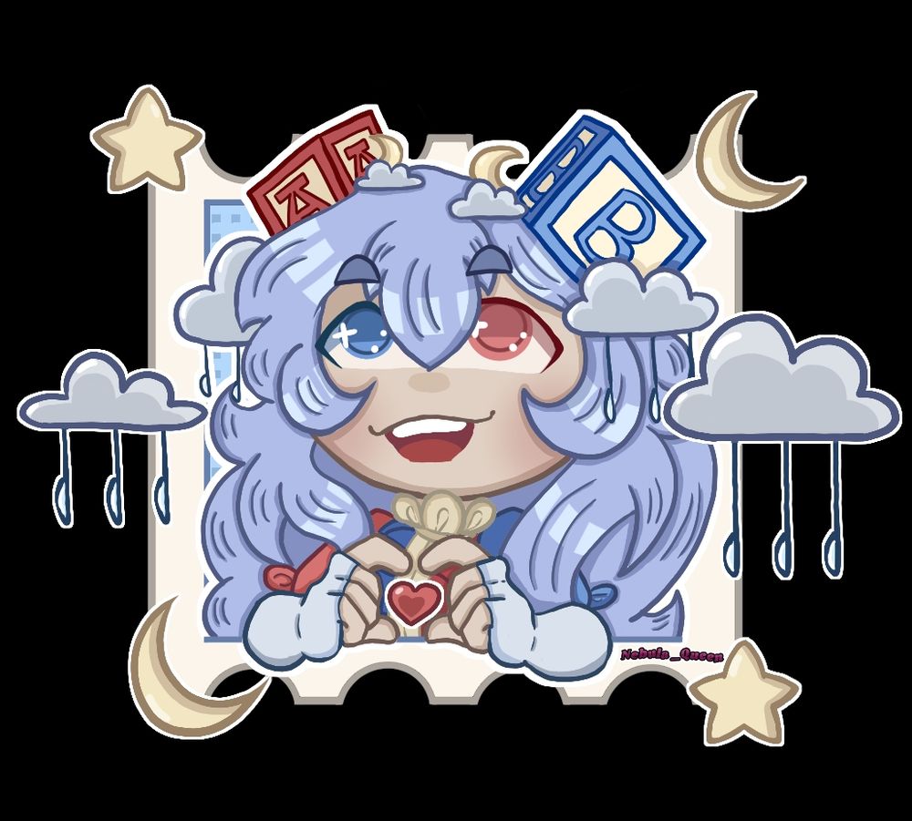 Oc with blue hair with rain and moons around her, with an red 'A' block and blue 'B' block