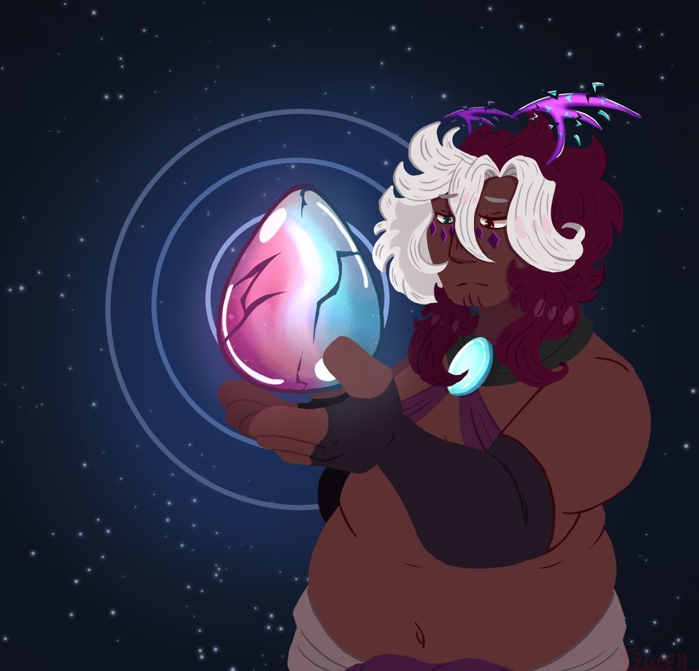 Eliatrope holding purple and blue Dofus, looking at it sadly