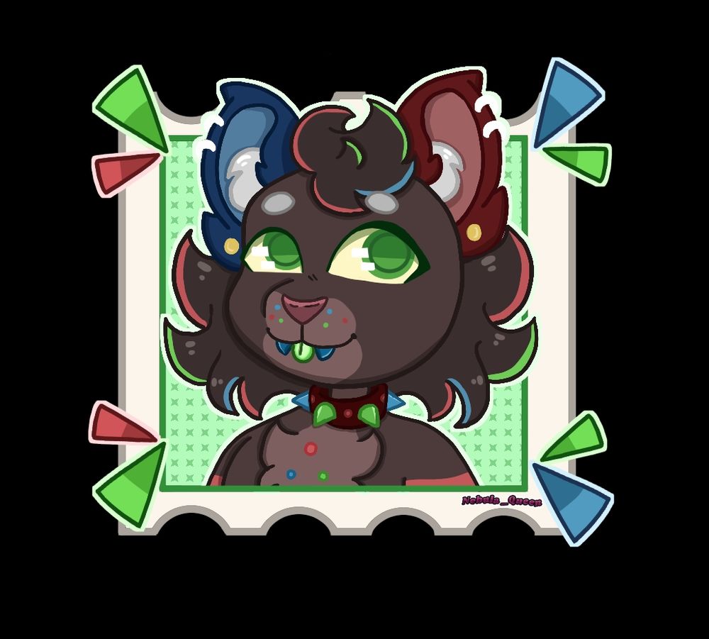 Furry with a smile and color palette of red, blue, green smiling with tongue sticking out