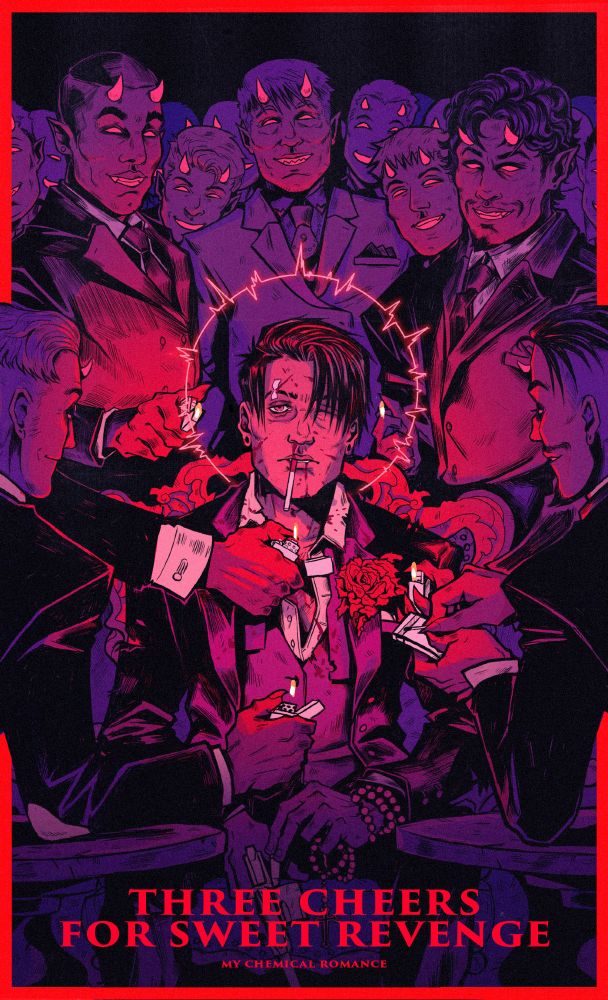 fan art for my chemical romance's album three cheers for sweet revenge featuring a beaten groom in the center of a collection of demons in suits