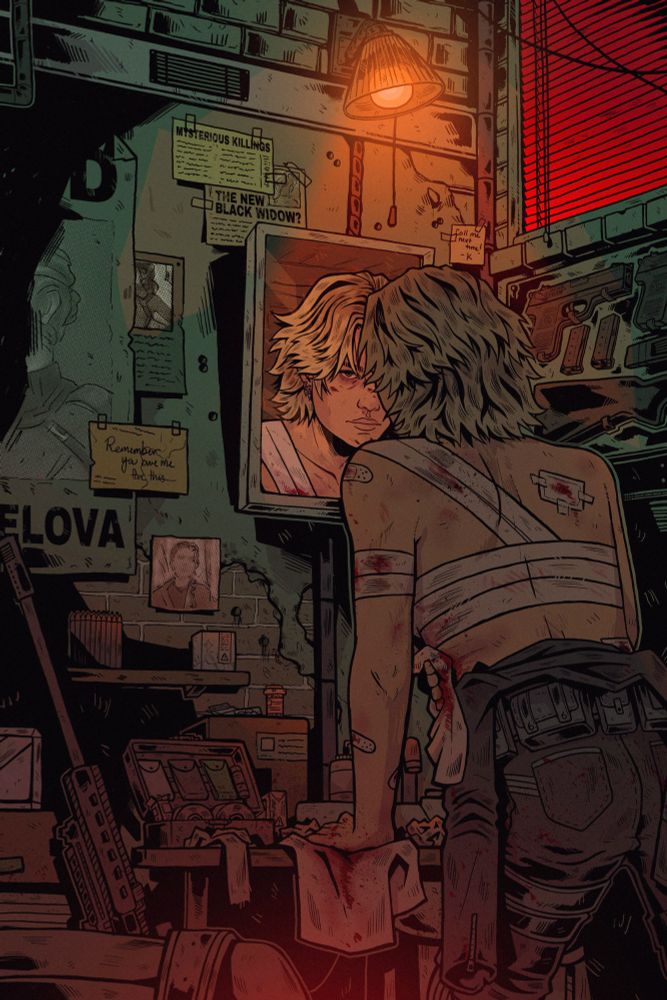 Illustration of Florence Pugh as Yelena Belova. She's depicted in a dingy low lot hideout, patching up her wounds in front of a mirror. Her back facing the viewer while her reflection stares towards the viewer in the center of the frame.