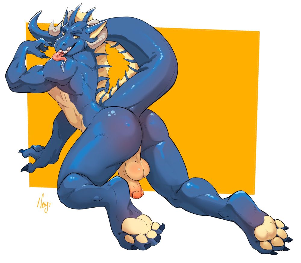 A picture of a blue dragon on his knees, showcasing his butt area, as well as his bare pawpads. 