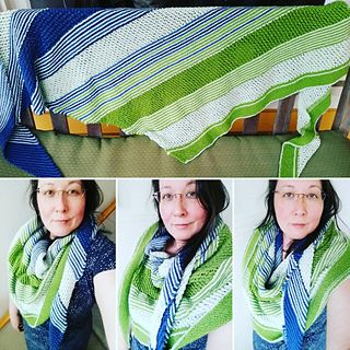 several different shots of a large triangle, knitted scarf, with different sections with different textures in green, light, green, and deep blue