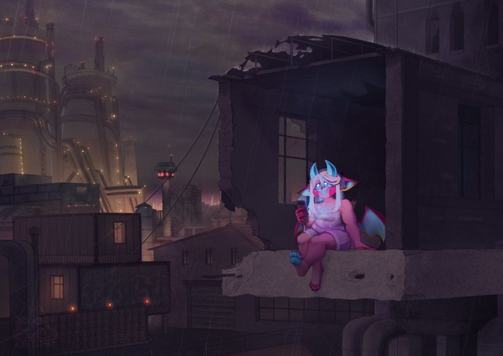 Rainy light night. Pink furry character sitting on a broken aboveground crossing on the territory of a huge factory, that stretches to the horizon. In the distance, enormous factory pipes and the outlines of a modern metropolis are visible.