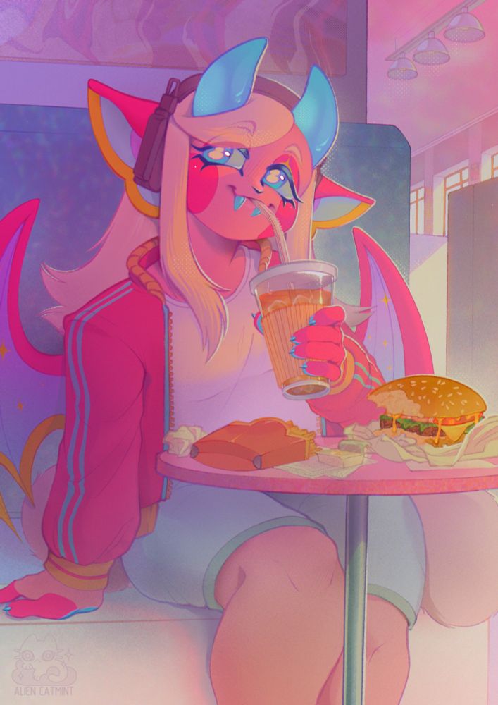 The pink furry chimera with blue horns drinks ice tea and eats a burger in the café.