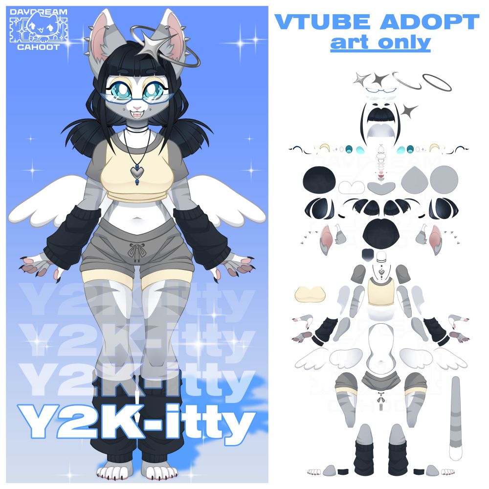 VTUBE FURRY CAT MODEL DESIGN, inspired by Y2K fashion. It has a gray fur with white markings, white wings and a halo.