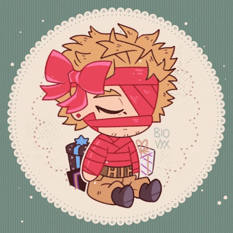 Chibi Hawks is seen unconscious, partially wrapped in red ribbons, with a matching bow on top. Various presents in particular colours are set behind him. Backdrop's a round creamy white lace white with matching particles, while the background's light green 