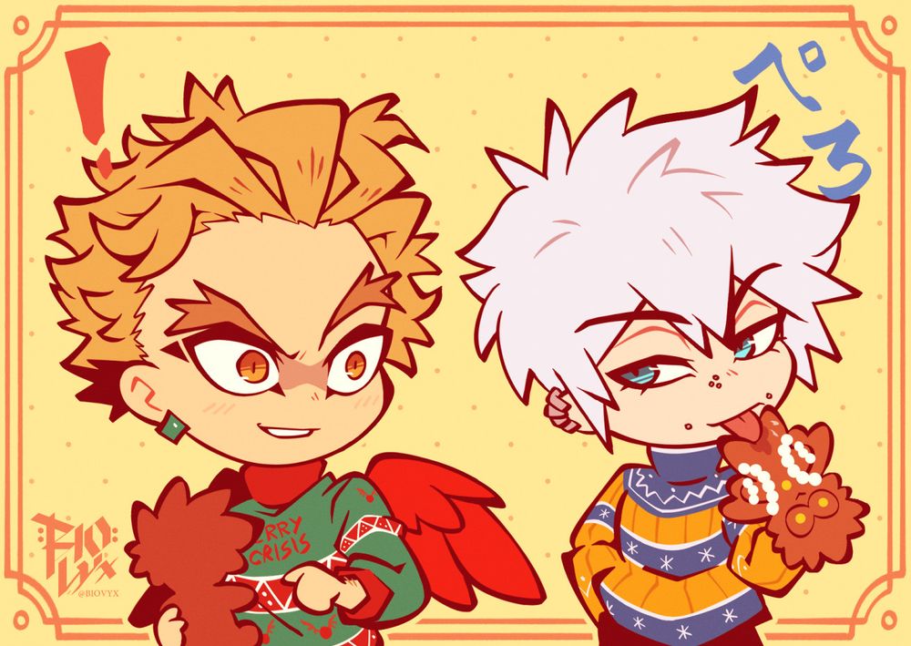 Touya licking the crotch part of Hawks gingerbread cookie in front of the flustered Keigo who's holding the Dabi gingerbread cookie