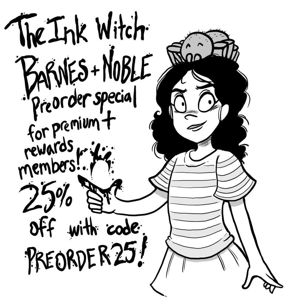 Dark-haired girl with a spider on her head and inky fingers, making ink text float in the air.