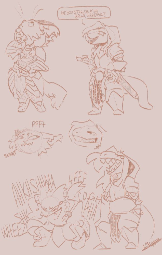 a three panel (loosely used) comic of my partner's argonian gal and my khajit guy. My khajit is looking pensively off screen with the argonian saying "are you staring at my BALLS nerevar?, they look at each other, and then burst into hysteric laughter