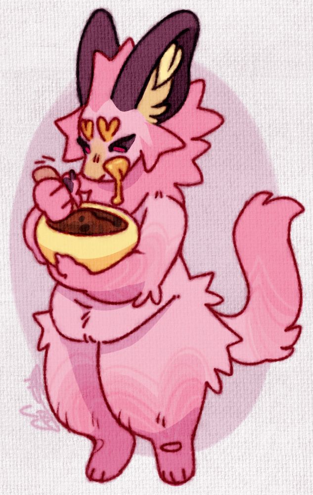 squish sona holding a big yellow mixing bowl and making chocolate cake