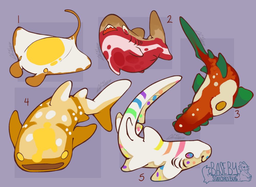 5 breakfast themed sharks and rays from my shark base. There's a fried egg manta ray, a strawberry parfait shark, a shakshuka sawshark, a buttered toast whaleshark, and a confetti cake nurse shark