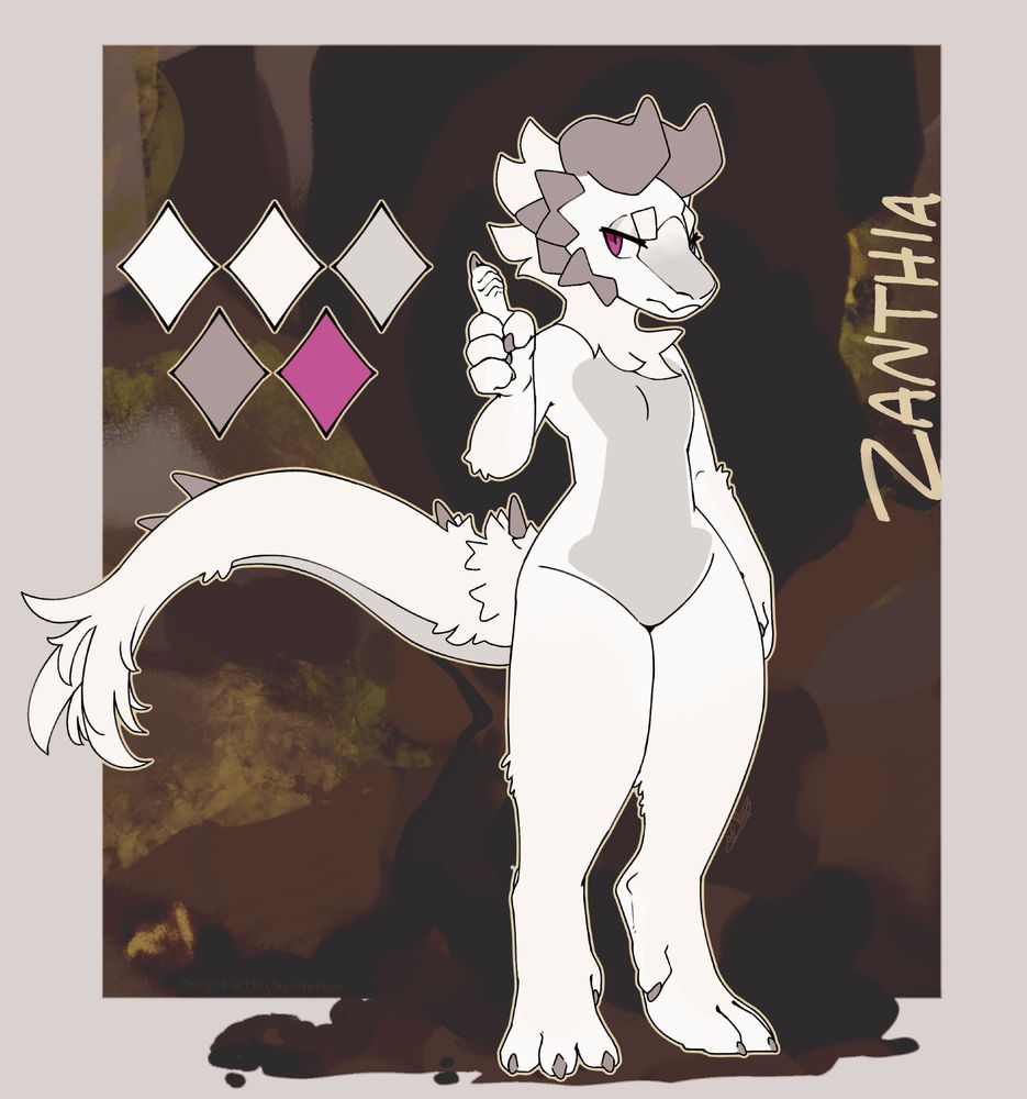 a white and brown-grey kobold girl with deep purple pink eyes