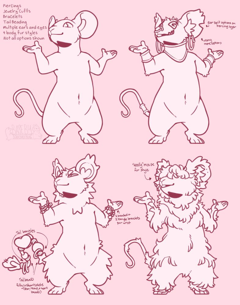 A mouse base showing off a bunch of the options that are available on it, from jewelry to string tail decor to wooly fluffy fur. The mouse has its arms up and its head up and away from the viewer as if shrugging. 
